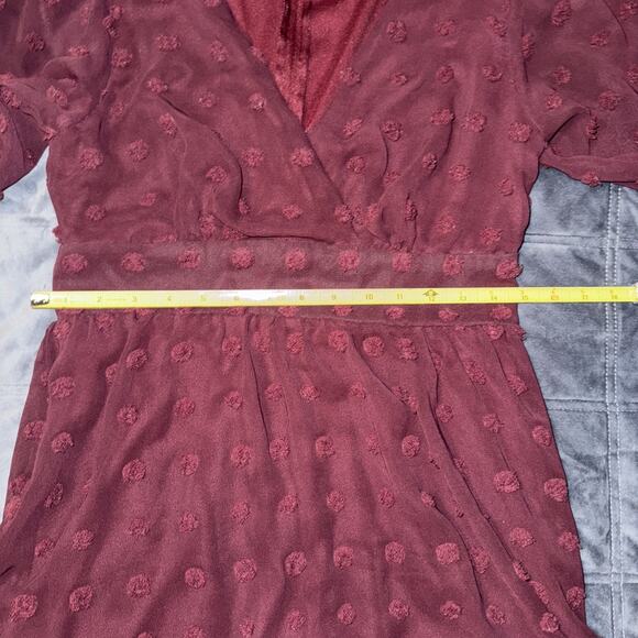 Speechless Dress Burgundy Size 7 Y2K Vibe Swiss Polka Dot Sheer sleeves Ruffles - Picture 11 of 12